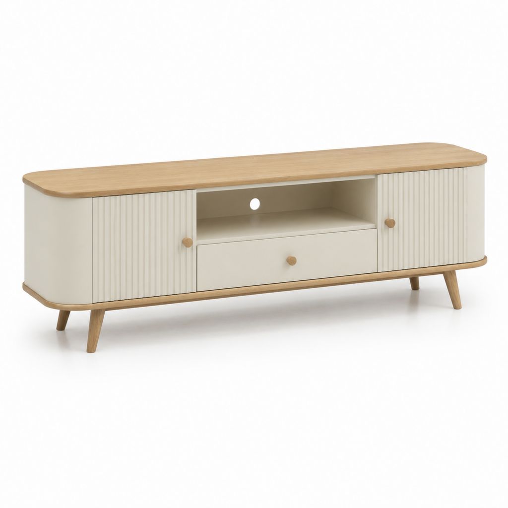Mobile TV con 2 ante 1 cassetto e vano aperto bianco e rovere in MDF 160 x 40 x 55 cm