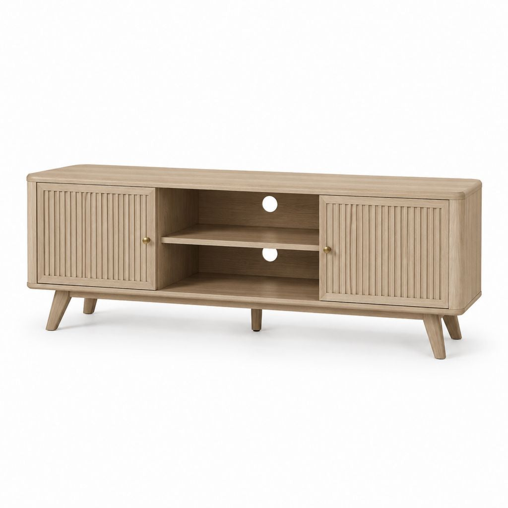 Mobile TV in MDF effetto rovere chiaro rettangolare con ante e ripiani 160 x 40 x 60 cm