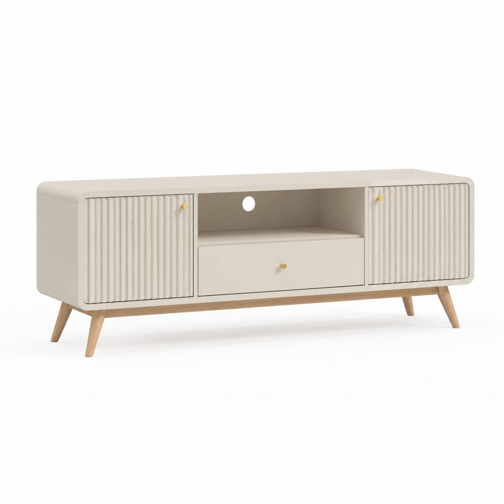 Mobile TV 160 x 40 x 55 cm crema in MDF con gambe in legno massello rettangolare con 2 ante e cassetto
