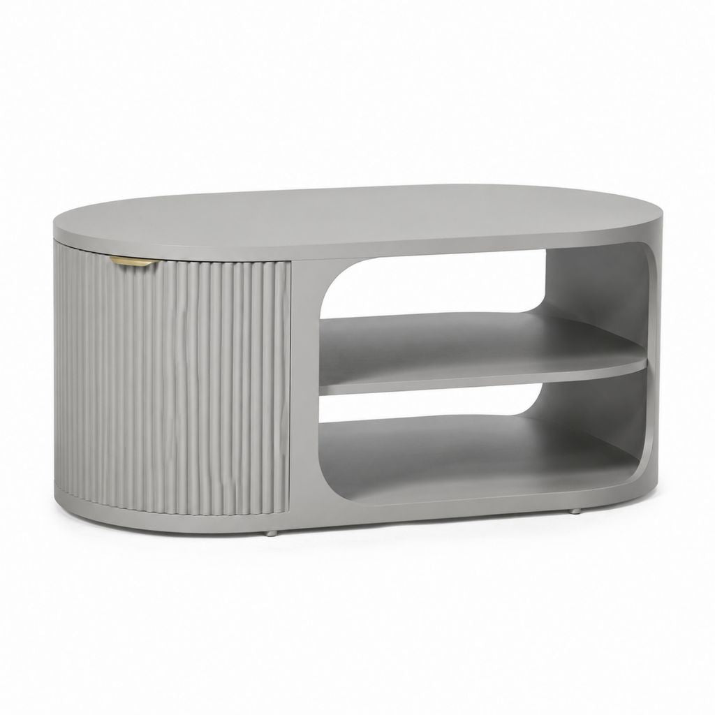 Tavolino da caffè ovale grigio in MDF laccato con anta scorrevole e ripiani 100 x 60 x 45 cm