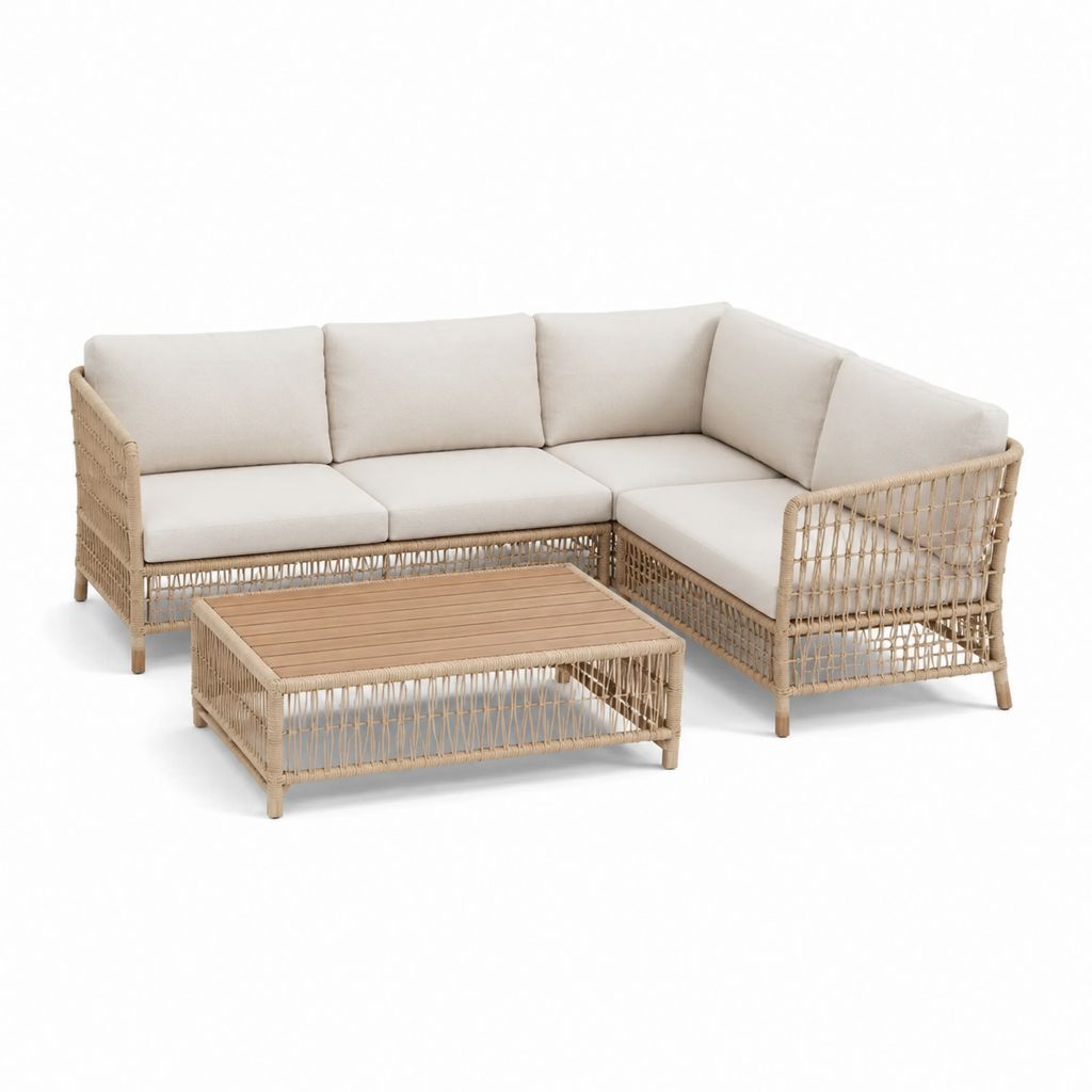Set divano angolare da giardino con tavolino beige in corda PE e alluminio 220 x 160 cm