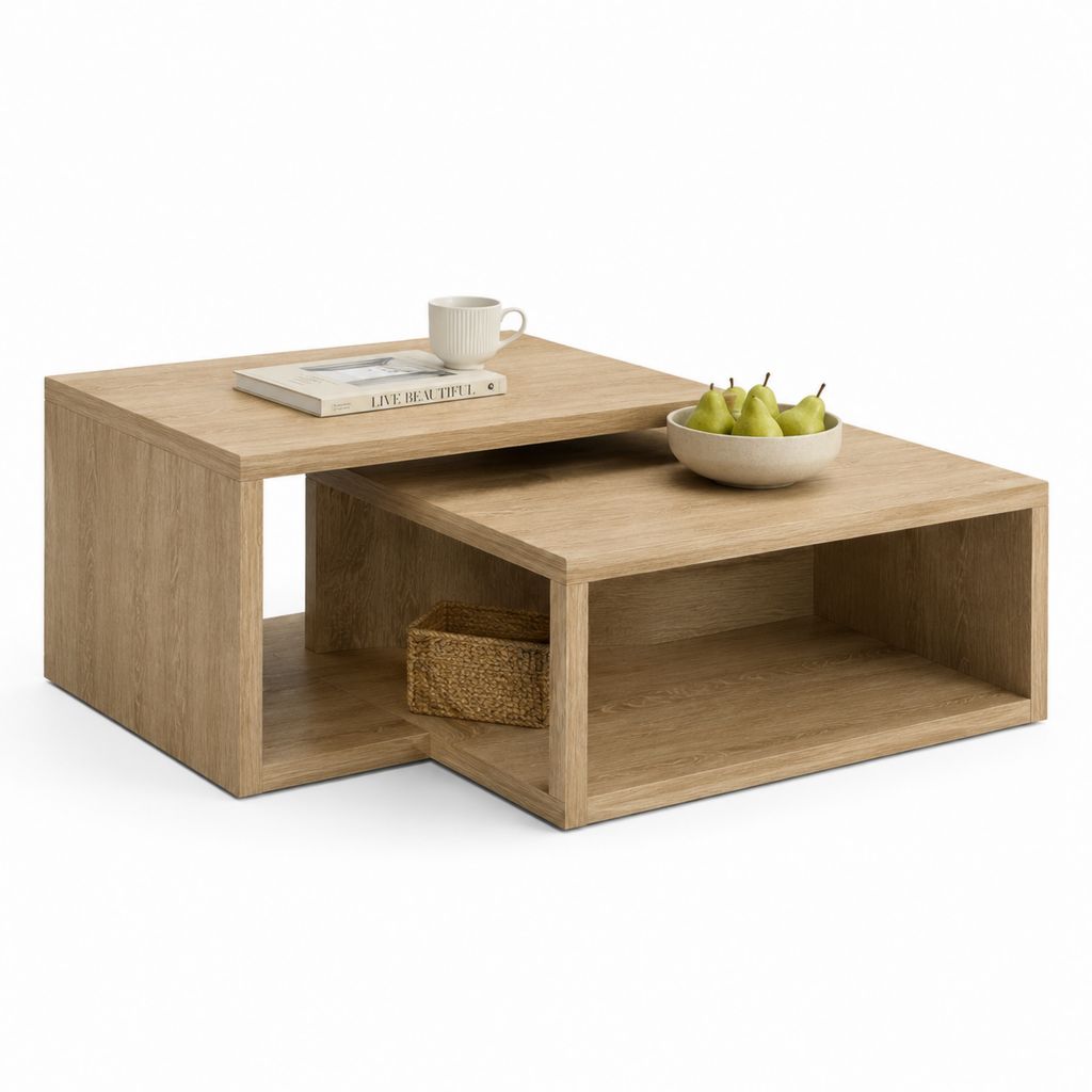 Set 2 tavolini da caffè a incastro rovere chiaro in pannello truciolare rettangolari 80 x 80 x 45 cm