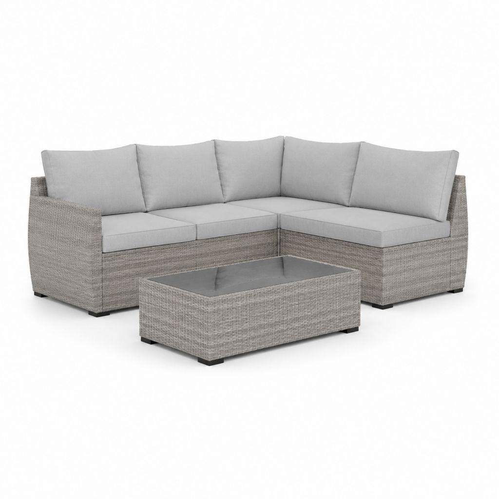 Set divano angolare da giardino 4 pezzi grigio in polyrattan con tavolino 210 x 210 x 63 cm