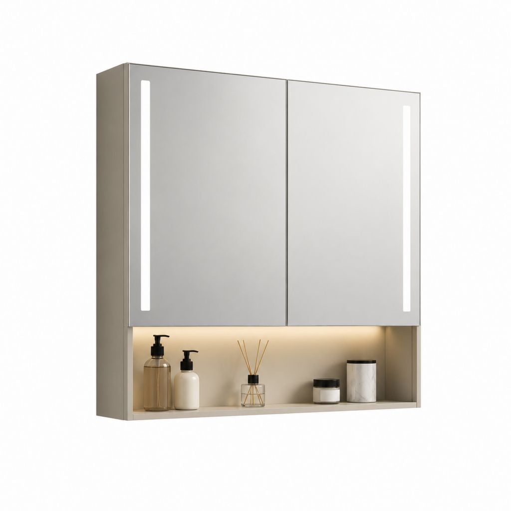Armadietto bagno con specchio LED a parete grigio MDF rettangolare 80 x 15 x 70 cm