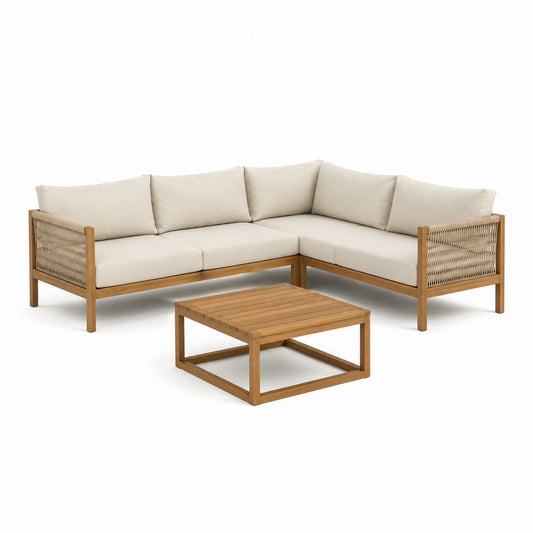 Set divano da giardino angolare 3 posti con tavolino beige in acacia massello e corda PP 220 x 220 cm
