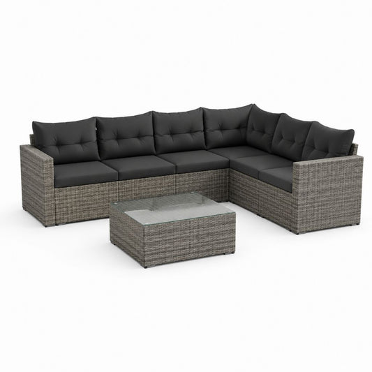 Set divano da giardino angolare 5 posti grigio e nero in rattan PE con tavolino 245 x 185 x 65 cm