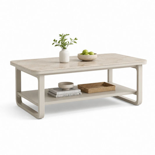 Tavolino da caffè rettangolare bianco effetto marmo in MDF 120 x 60 x 45 cm con ripiano inferiore