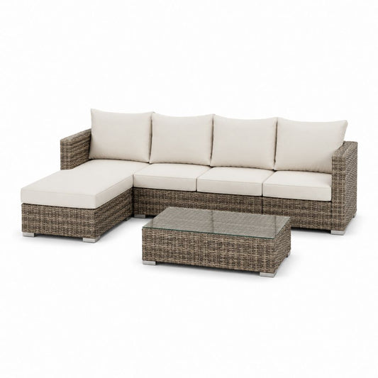 Set salotto da giardino angolare 4 pezzi tortora e crema in rattan PE con divano 230 x 145 x 80 cm e tavolino 100 x 60 x 40 cm