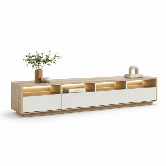 Mobile TV basso rovere chiaro e bianco in MDF 200 x 40 x 45 cm con 4 vani LED e 4 ante