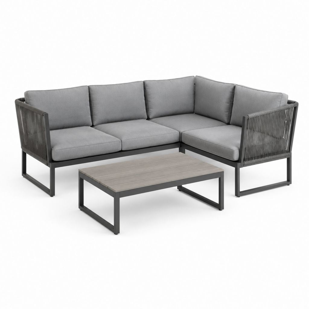 Set divano da giardino angolare 4 posti grigio in alluminio e corda PE con tavolino 220 x 220 cm