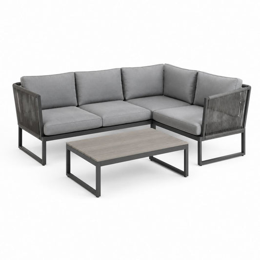 Set divano da giardino angolare 4 posti grigio in alluminio e corda PE con tavolino 220 x 220 cm