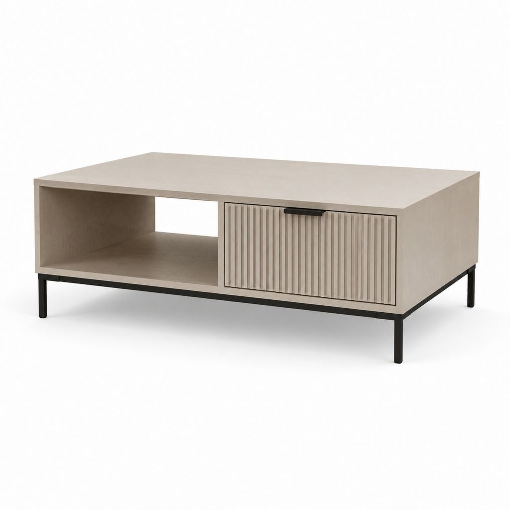 Tavolino da caffè rettangolare beige in MDF e acciaio 100 x 60 x 40 cm con vano e anta