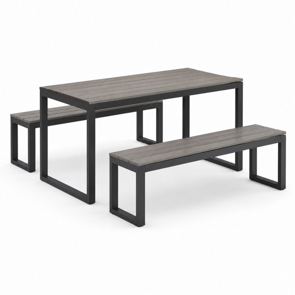 Set tavolo da giardino rettangolare con 2 panche grigio antracite in alluminio e WPC 180 x 80 x 75 cm