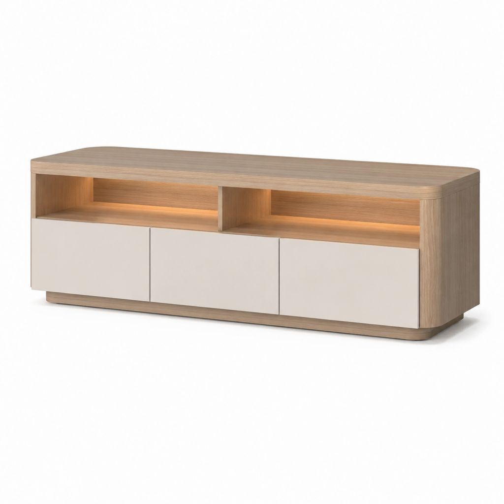 Mobile TV basso rovere chiaro e bianco in pannello truciolare 180 x 40 x 55 cm con 3 ante