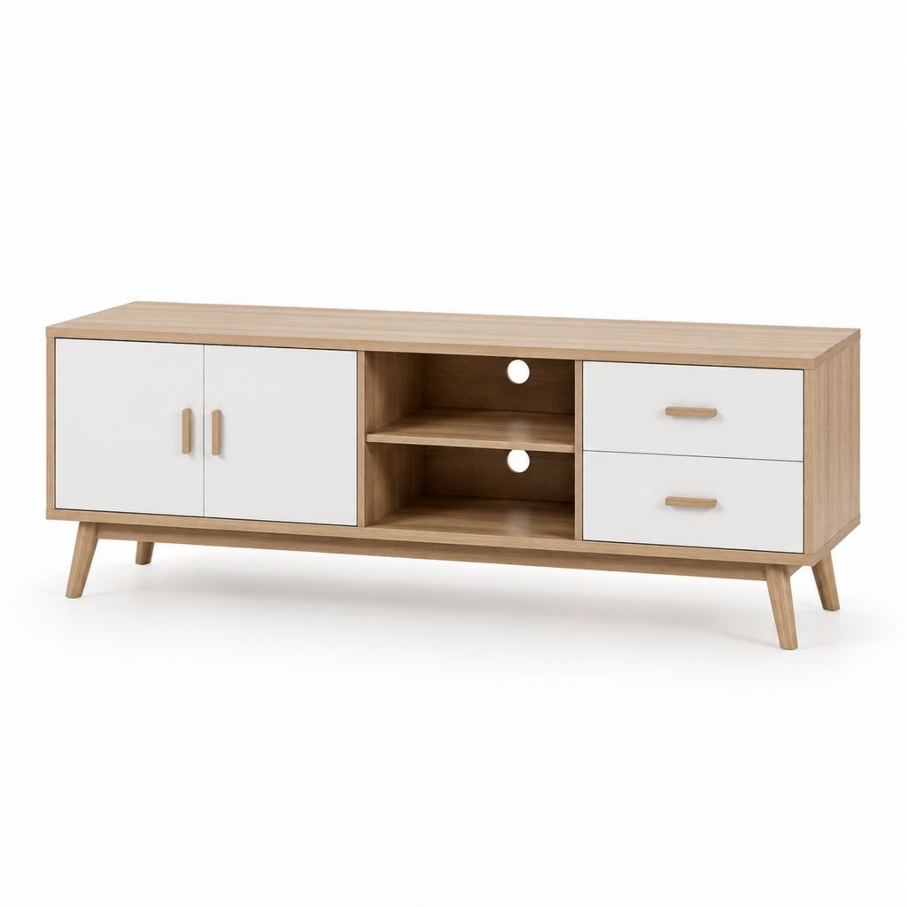 Mobile TV 160 x 40 x 60 cm bianco e rovere in pannello truciolare con 2 ante 2 cassetti e ripiani