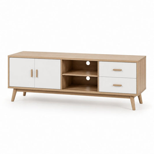 Mobile TV 160 x 40 x 60 cm bianco e rovere in pannello truciolare con 2 ante 2 cassetti e ripiani