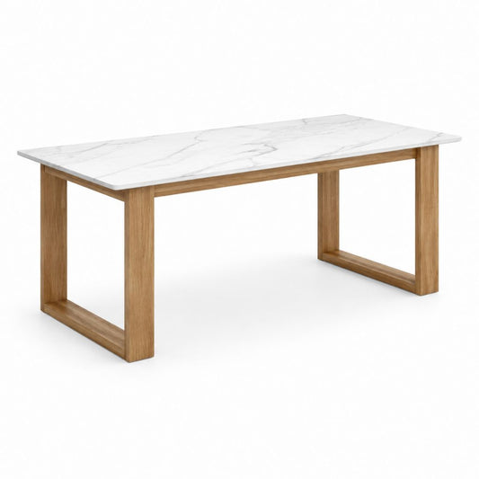 Tavolo da pranzo rettangolare bianco effetto marmo e rovere in MDF e legno massello 160 x 90 x 75 cm