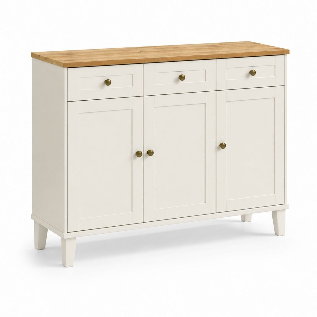 Credenza da cucina 3 ante 3 cassetti bianco e rovere massello 120 x 40 x 90 cm