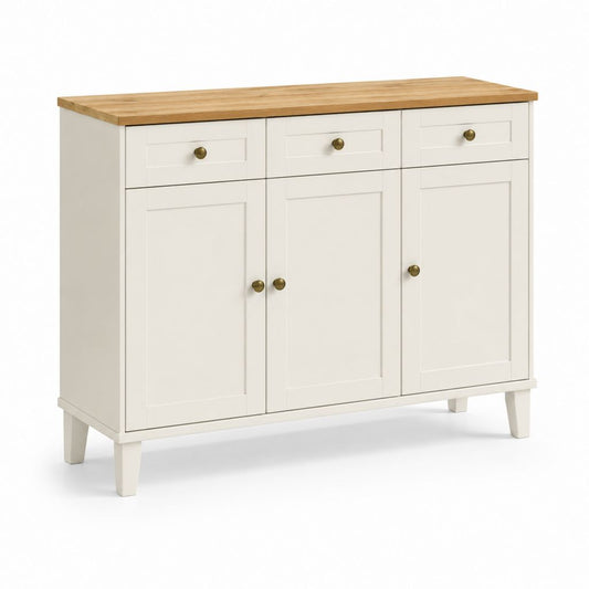 Credenza da cucina 3 ante 3 cassetti bianco e rovere massello 120 x 40 x 90 cm
