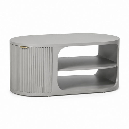 Tavolino da caffè ovale grigio in MDF laccato con anta scorrevole e ripiani 100 x 60 x 45 cm