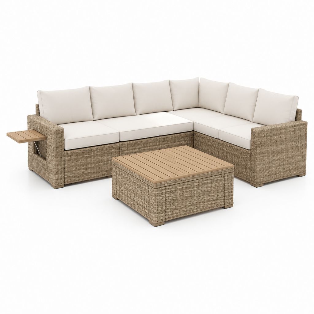 Set divani da giardino angolare 5 posti beige in polyrattan PE con tavolino 250 x 200 x 80 cm