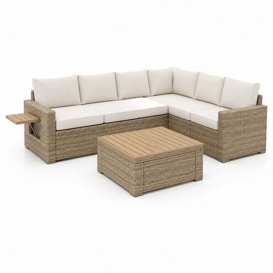 Set divani da giardino angolare 5 posti beige in polyrattan PE con tavolino 250 x 200 x 80 cm
