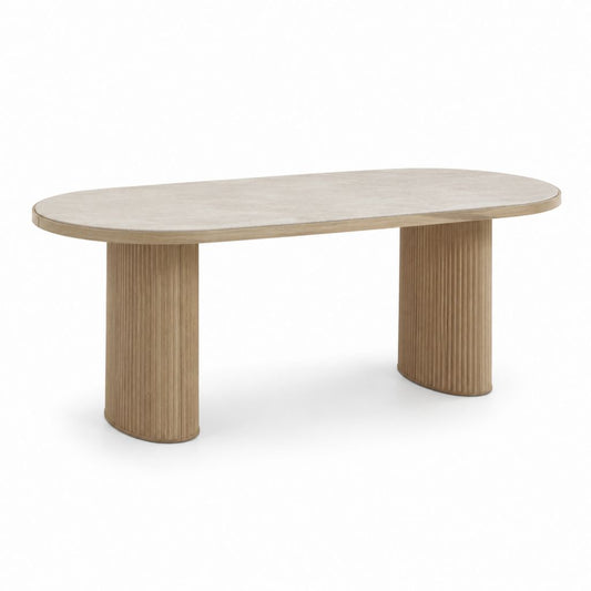 Tavolo da pranzo ovale beige in MDF rivestito effetto pietra e rovere 180 x 90 x 75 cm
