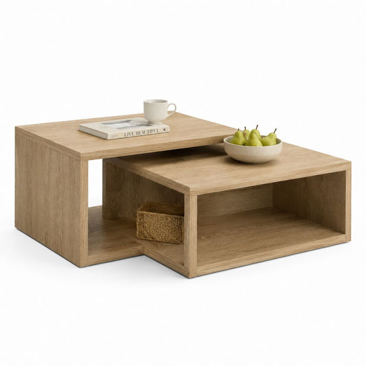 Set 2 tavolini da caffè a incastro rovere chiaro in pannello truciolare rettangolari 80 x 80 x 45 cm