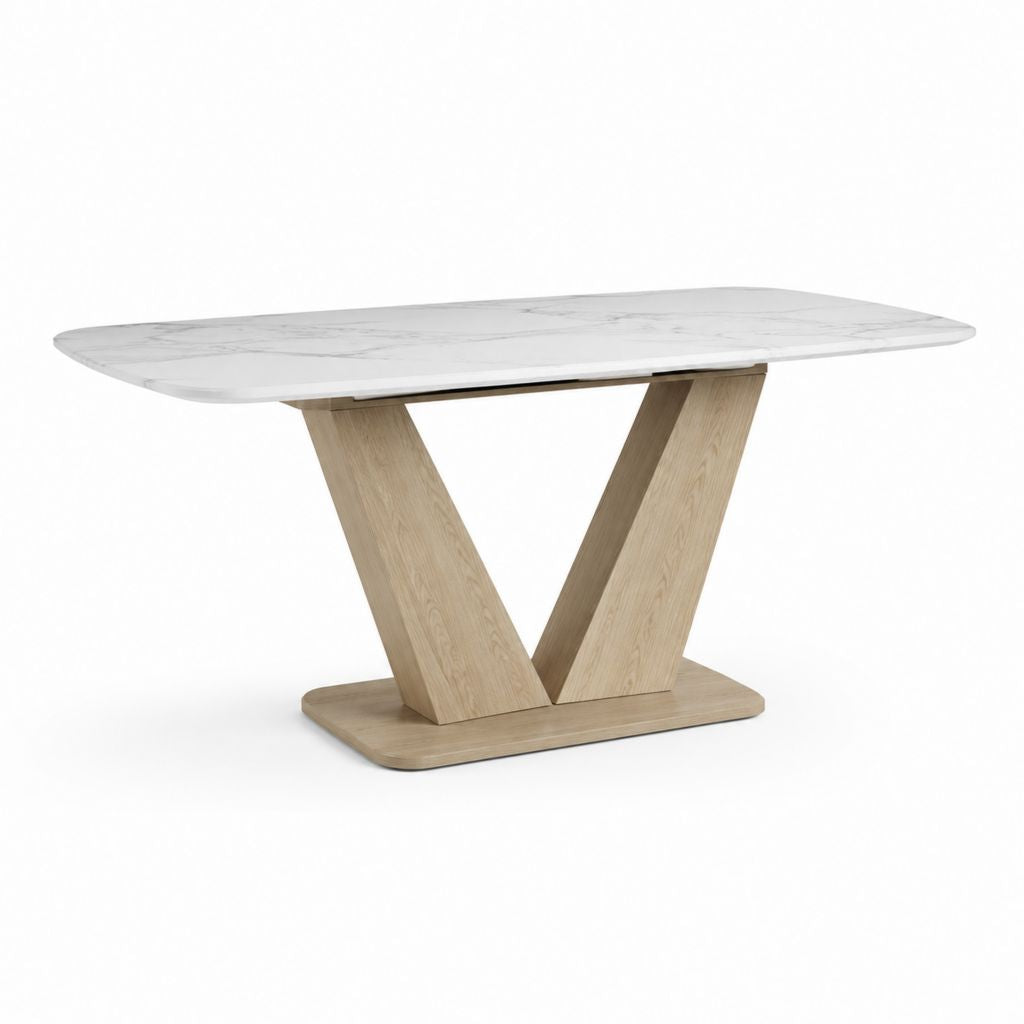 Tavolo da pranzo rettangolare bianco effetto marmo con base rovere 160 x 90 x 76 cm