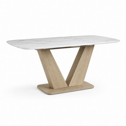 Tavolo da pranzo rettangolare bianco effetto marmo con base rovere 160 x 90 x 76 cm