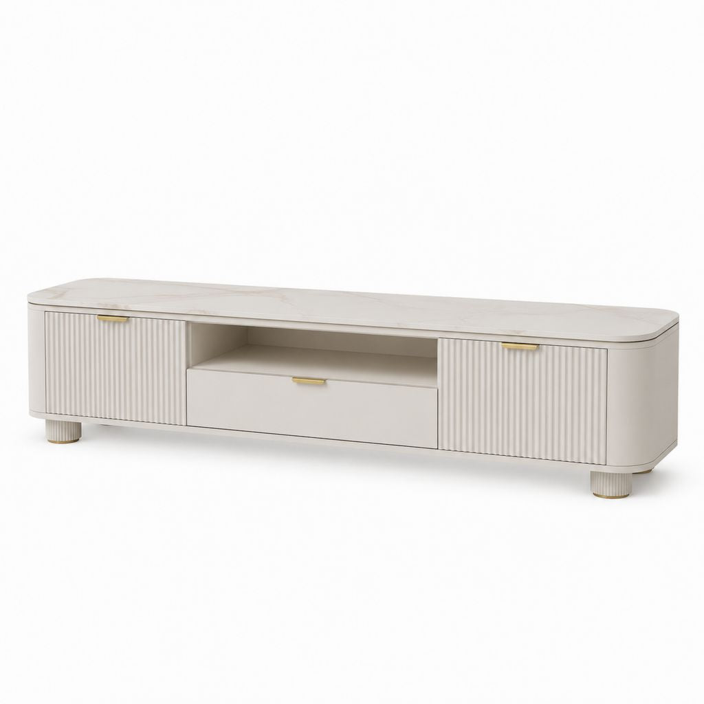 Mobile TV bianco in MDF rettangolare con 2 ante 1 cassetto e vano a giorno 180 x 40 x 50 cm