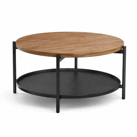 Tavolino da caffè rotondo in MDF effetto rovere e acciaio nero con ripiano inferiore diametro 80 cm altezza 45 cm