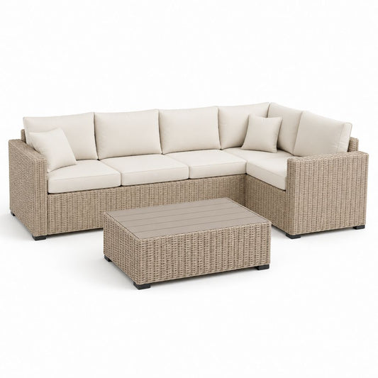 Set divano angolare da giardino con tavolino beige in rattan PE e acciaio 255 x 190 x 85 cm